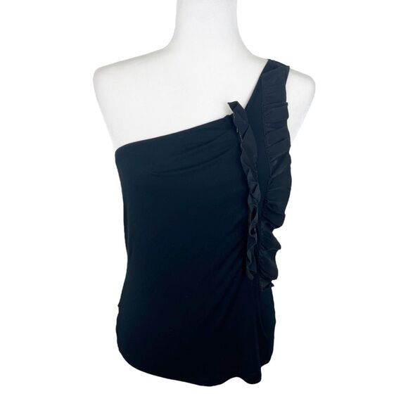 Cynthia Steffe Asymmetric Sleeveless Tank Top Women Small Black Gold Zip Ruffled - Picture 1 of 11